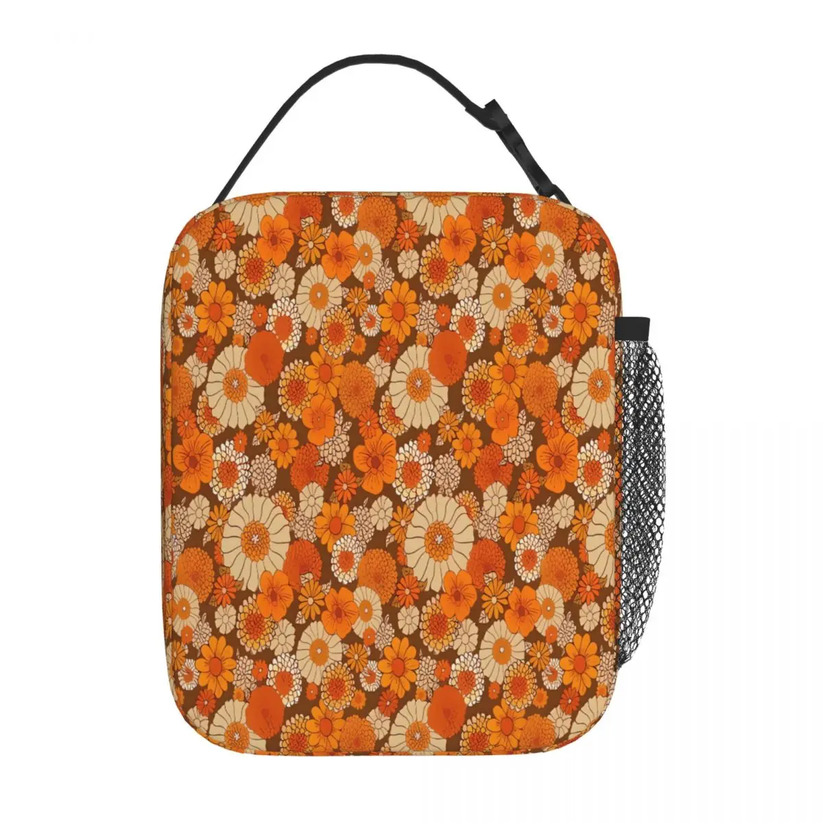 Bestselling 70s Retro Daisies Vintage Flower Power Orange And Dual Use Lunch Box Bag Airport Travel Leakproof Lunch Bag