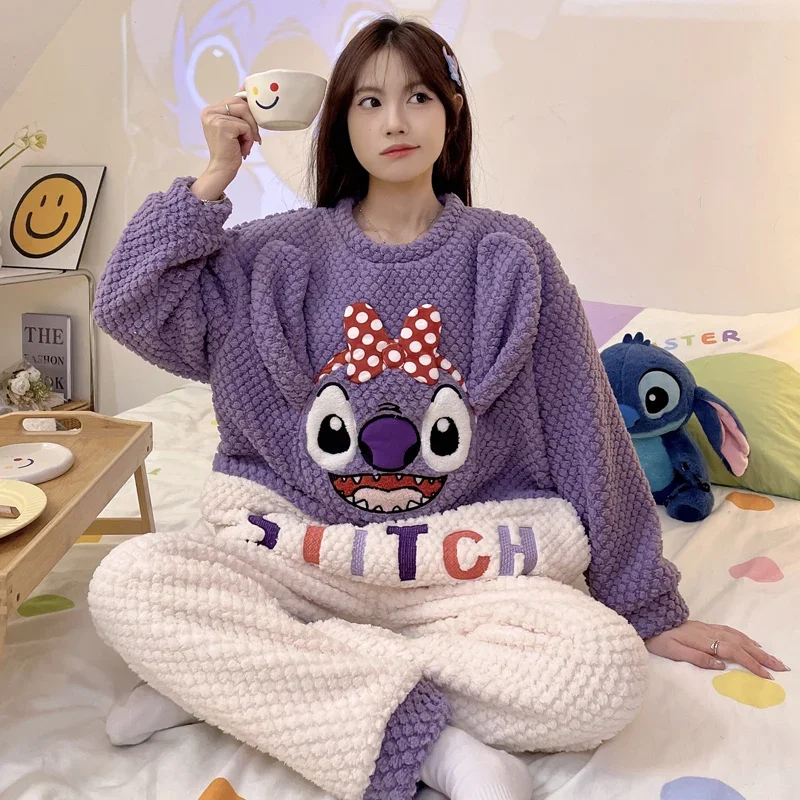 Disney pajamas winter women's pajamas crew neck coral fleece clothing warm new two-piece set new cartoon Stitch loungewear