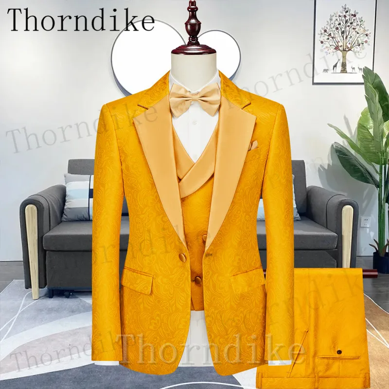 

Thorndike Tailor-made Yellow Male Suit Formal Slim Fit Best Man Groom Wedding Tuxedo Business Jacket One Button Vest Pants