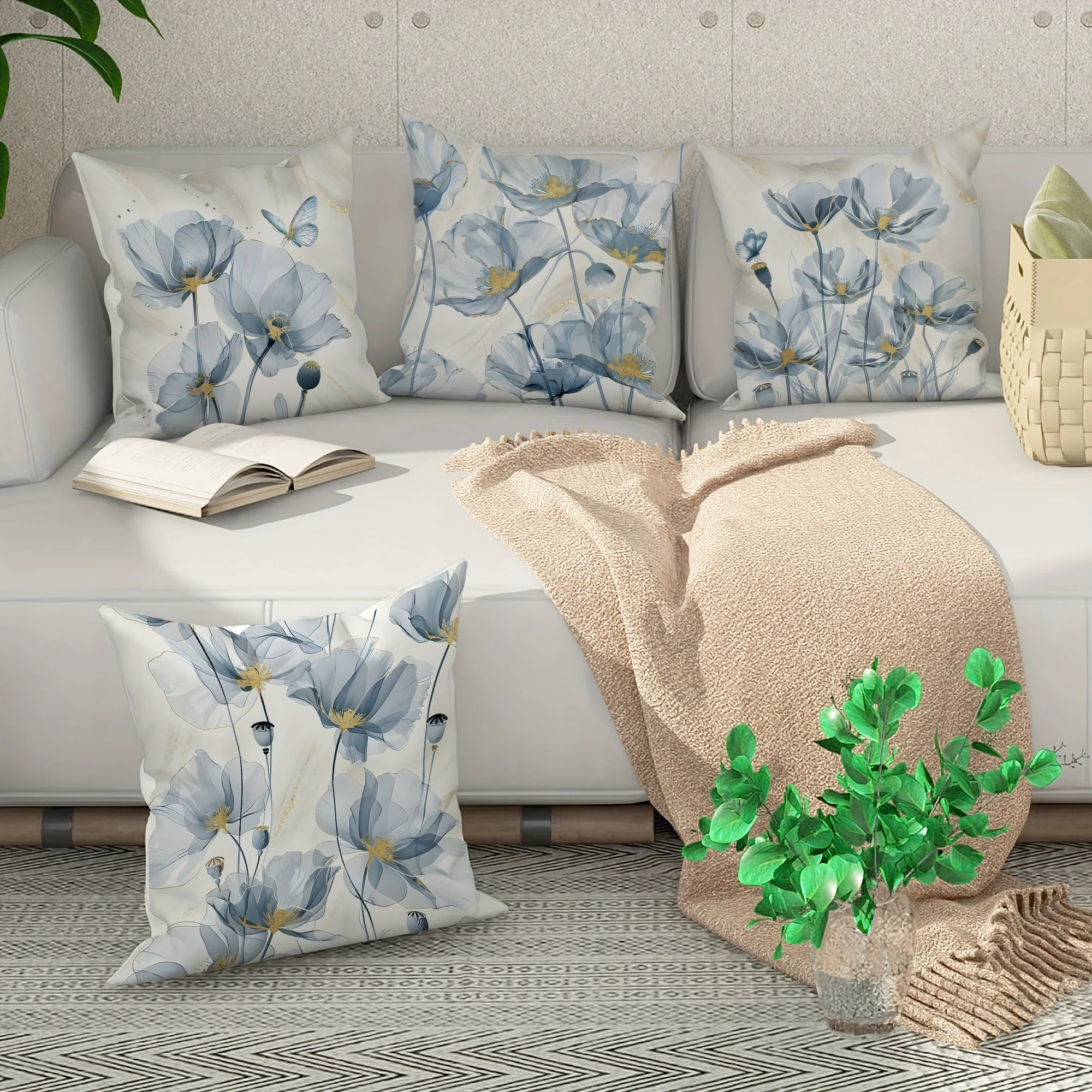 

Blue Floral Throw Pillow Covers with Butterfly Accent - Elegant Decor for Sofa, Couch in Living Room