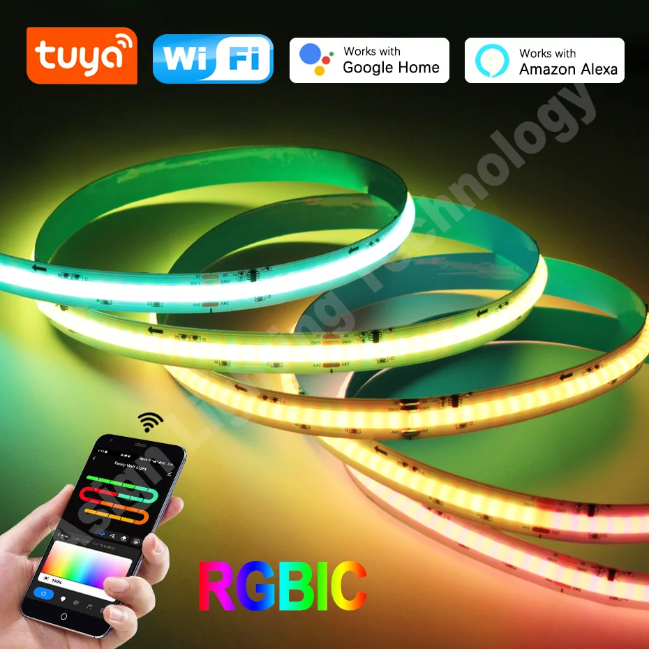 Rgbic cob led streifen dc24v flexibles band 120leds/m adressierbare bunte led streifen fernbedienung/bluetooth/wifi steuerung fรผr innen dekor