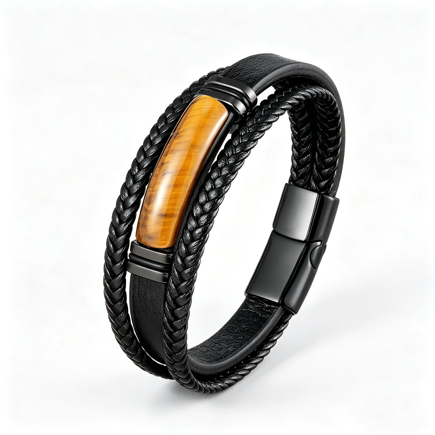 Naturkristallstein-Lederarmband für Männer – Geflochtenes Leder, Edelstahlverschluss, spiritueller Meditationsschmuck – Detail 4