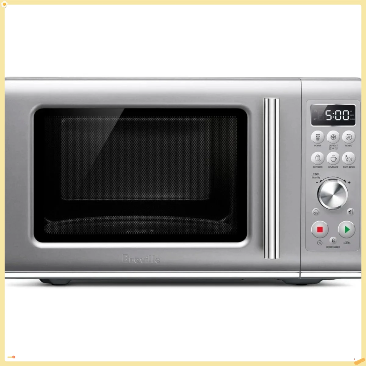 コンパクトな波型電子レンジ、ソフトクローズ機能付き、シルバーのデザインで、小さなキッチンに最適です。