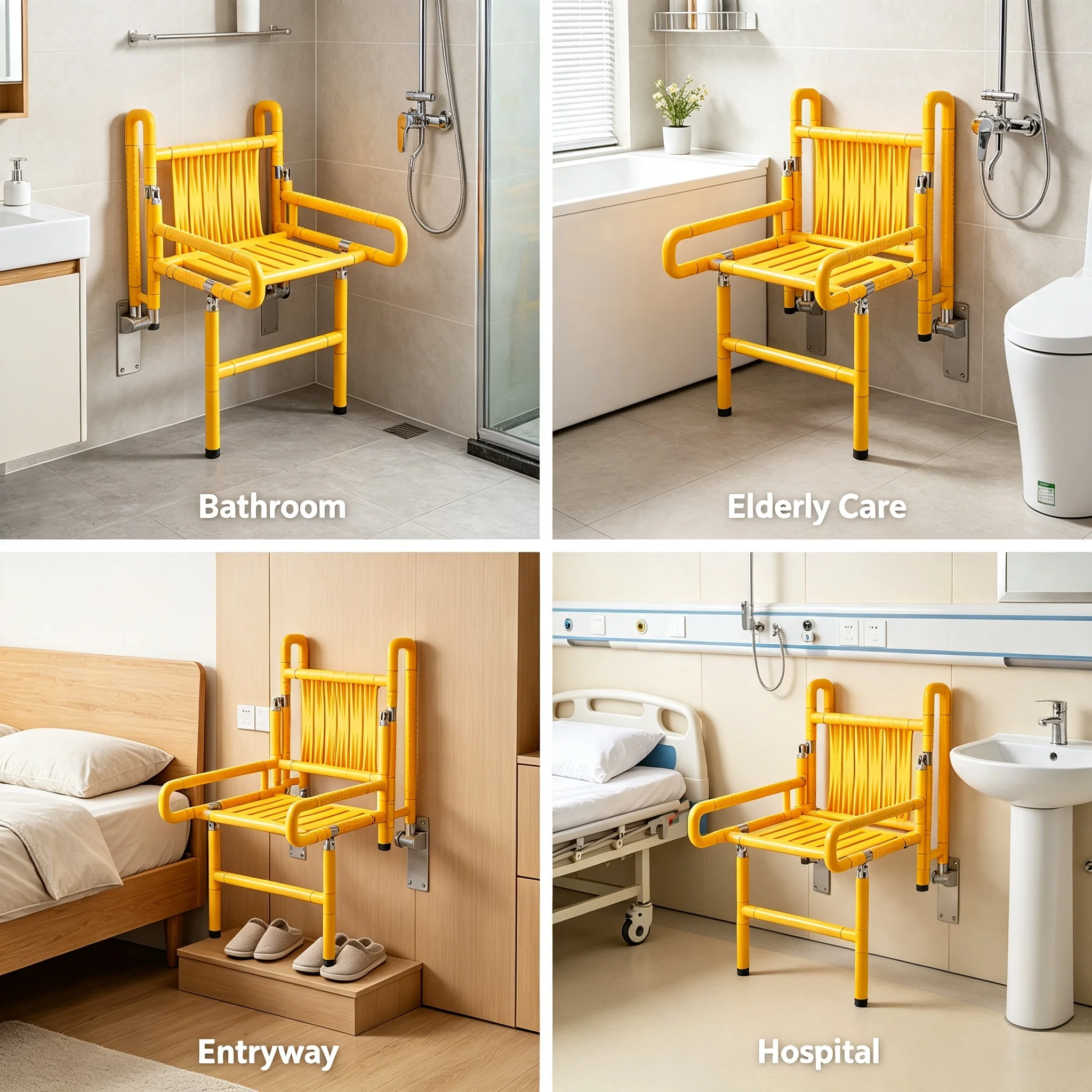 Foldable Shower Seat Wall Mounted 440 lbs Capacity, Folding Shower Chair with Armrests & Anti-Slip Feet, Space-Saving Bathroom Seat for Elderly Pregnant Post-Surgery, Yellow