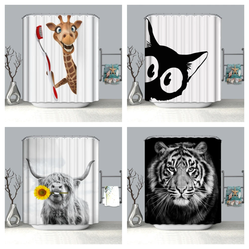 Cute Animal Black Cat Bathroom Shower Curtains Bath Screens Polyester Waterproof Fabric Funny Curtain Home Decor Cortinas Hooks