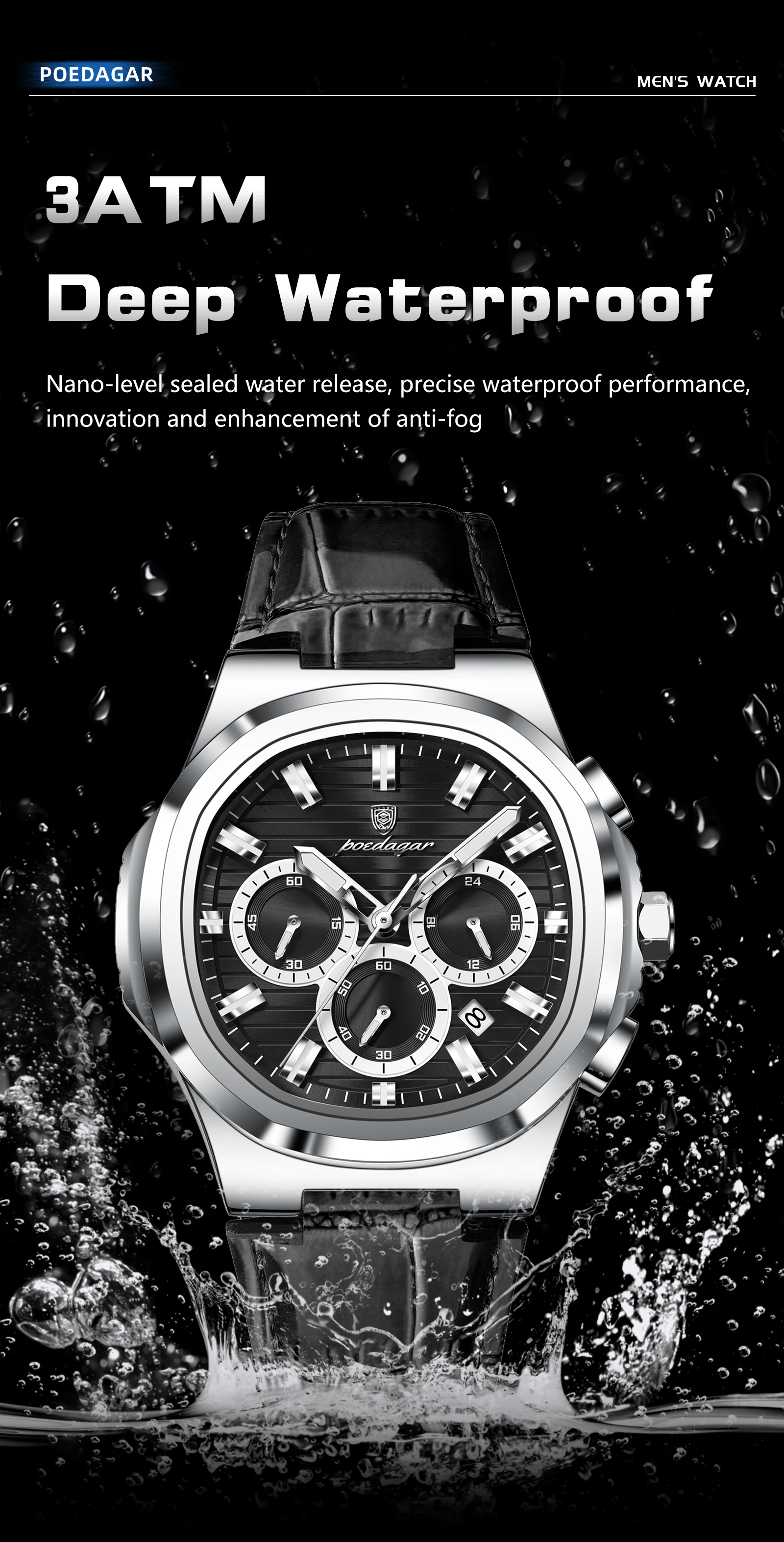POEDAGAR Luxus-Herrenarmbanduhr, wasserdicht, leuchtend, Leder, modische Herrenuhr, Datumsanzeige, Chronograph, Quarz, elegante Herrenuhren, Reloj – Detail 12