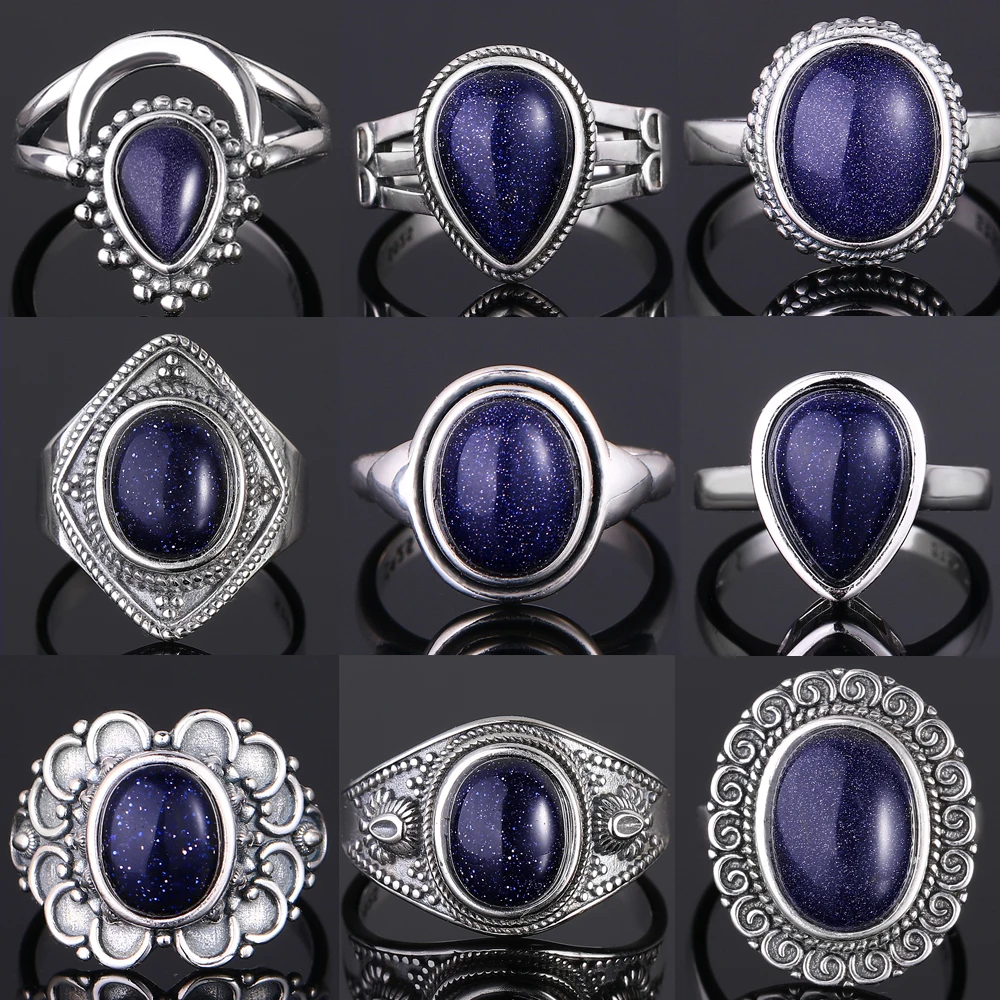 S925 Sterling SilverRing for Women Oval Round Dropwater Natural Blue Sandstone Ring Gift Sun Shaped Retro Luxury Fine Jewelry