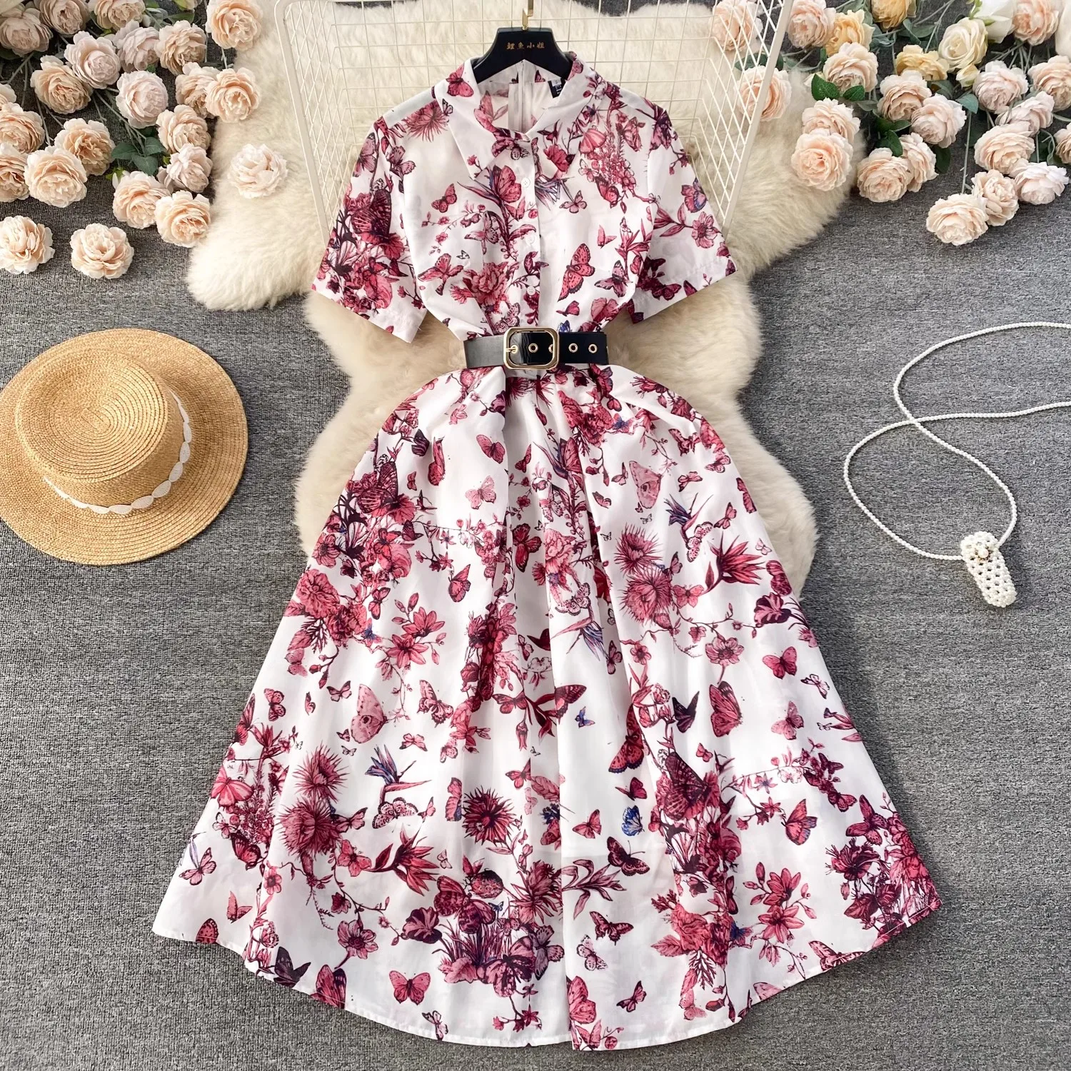 2024 Summer Runway Midi Shirt Dress Women Short Sleeve Lapel Butterfly Floral Print Female Signle Breasted Belt Holiday Vestidos