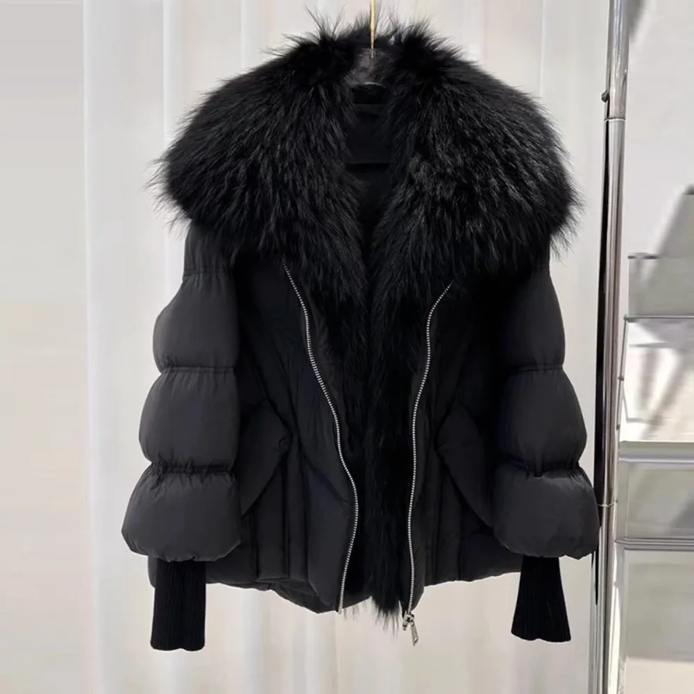 Reality Fur Coat New Winter Large Real Raccoon Fur Puffer Coat Women Knit Sleeve White Duck Down Jacket Oversized Feather Parka