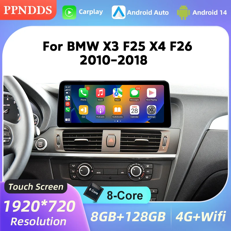 PPNDDS 12.3 Inch Android 14 Carplay Touch Screen For BMW X3 F25 X4 F26 Car Stereo Auto Radio Multimedia Player Navi 4G WIFI DSP