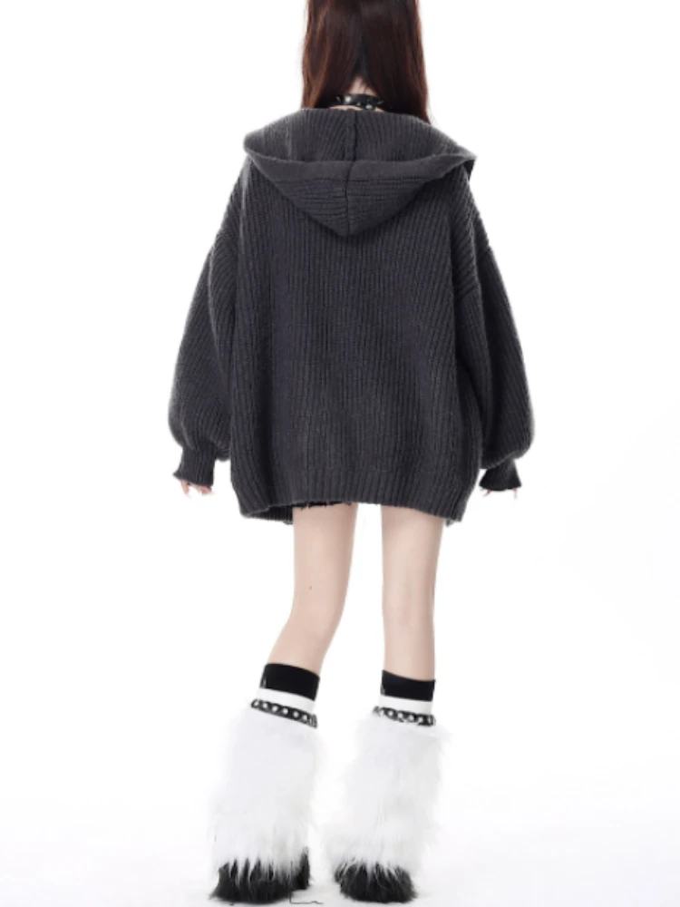 Japanese Oversized Solid Knited Cardigan Y2k Aesthetic Women All Match Pocket Sweater Jackets Hooded Coats Kardigany Jumpers