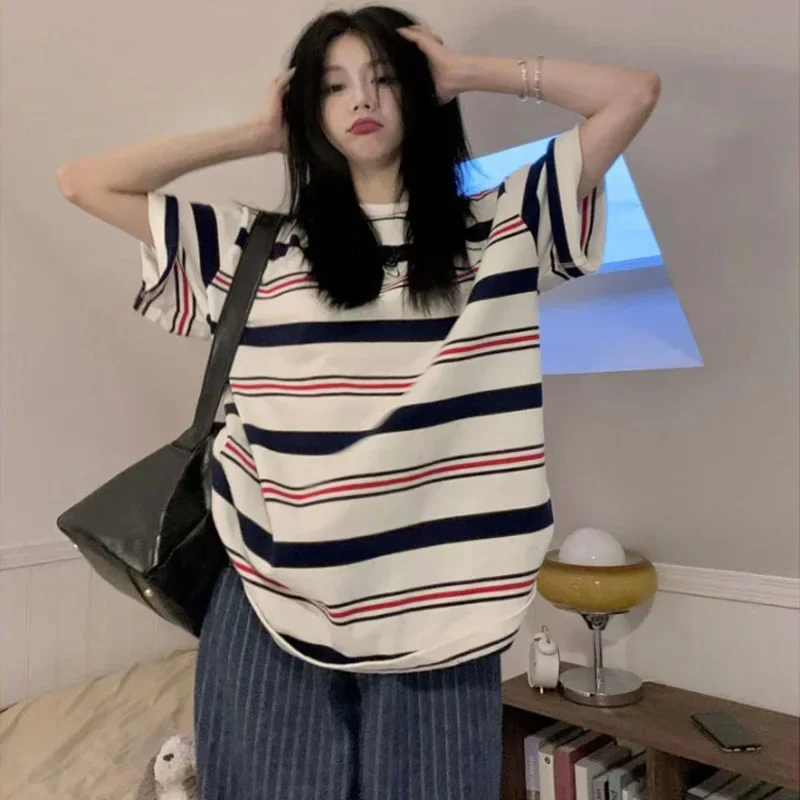 summer Contrast stripe graphic t shirt y2k Top Casual oversized short Sleeve T-shirts Women Harajuku Tee Shirt Female streetwear