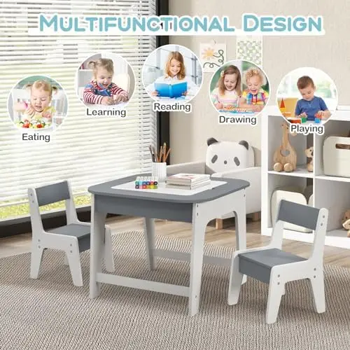 and Chair Set, 3-in-1 Wooden Activity  with Removable Tabletop, Blackboard & Whiteboard,  Space, Toddler  for Arts, Crafts, 