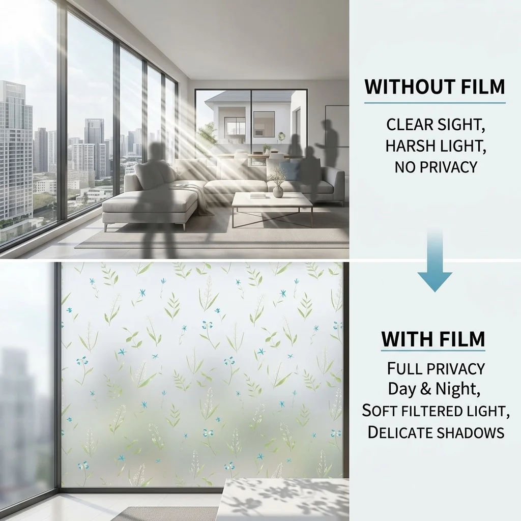 Frosted Botanical Self-Adhesive Window Film Privacy Protection UV Protection 96% Waterproof Scratch-Resistant Glass Sticker for