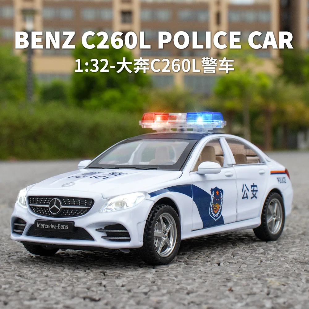 

1:32 Mercedes-Benz C260 police car Diecast Car Metal Model With Light And Sound Pull Back car Alloy Toy Collection For Gift A629