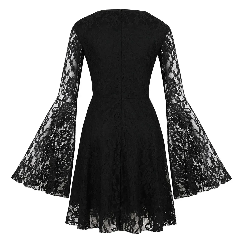 Women Sexy Lace Halloween Goth Punk Dress Long Flare Dress 2024 Vintage Retro Victorian Steampunk Gothic Black Mini Party Dress