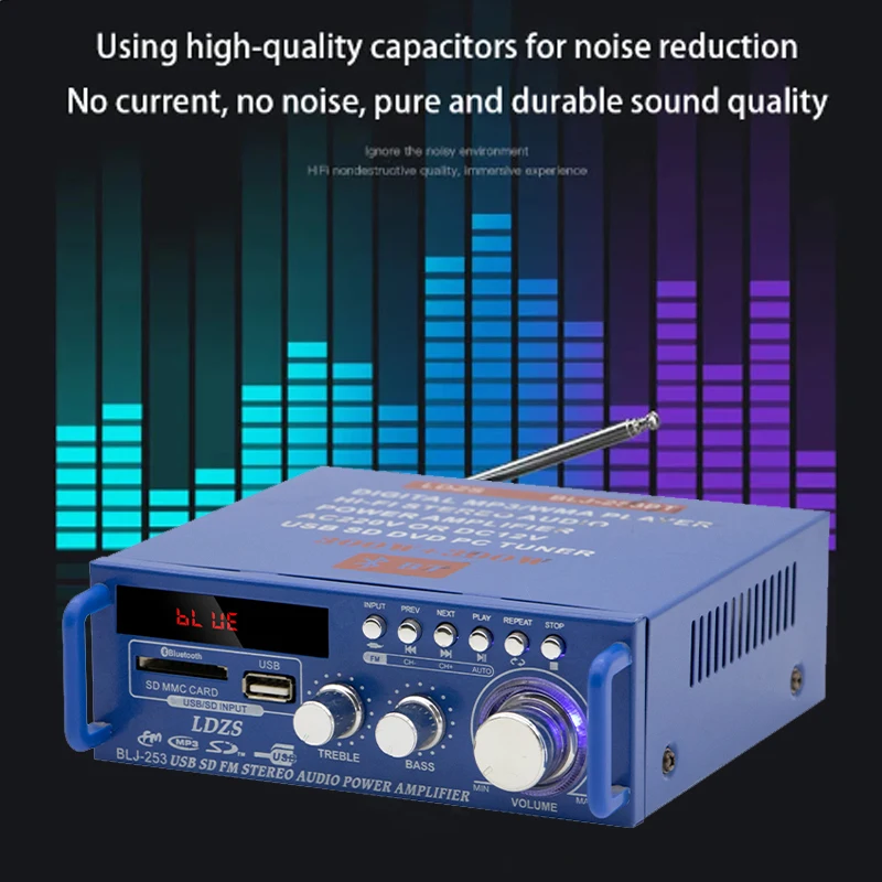 Sound Amplifier Channel 2.0 HIFI Bluetooth Amp Home Digital Audio 12V/220V AV-253for Car home Bass Treble BT Amplifiers