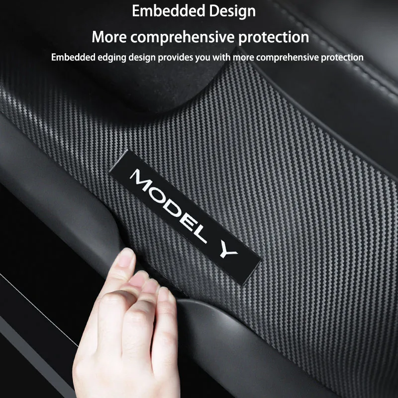 Front Rear Door Sill Guards For Tesla Model Y Carbon Fibre ABS Inner Protector Plate Cover Trim Car Anti-Dirty Bumper Kick Pad
