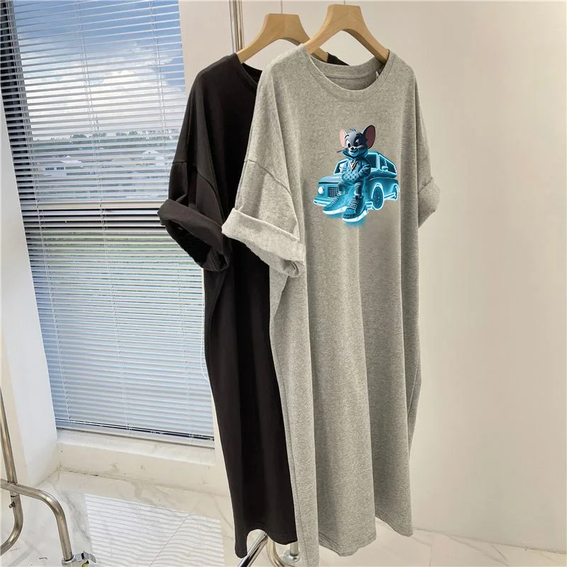 Women Clothing Fashion Short Sleeve O-neck Dresses, Summer Loose Casual Pullovers Dress, Cartoon Printed Overknee Tunic