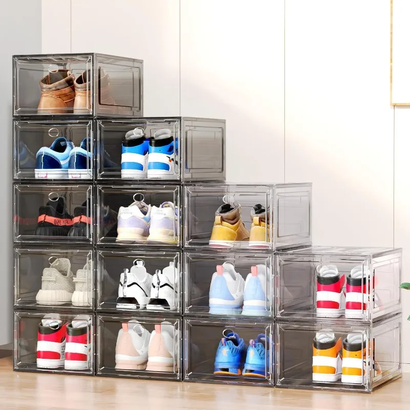 

Upgrade Harder Solid Plastic Shoe Organizer, Storage with Magnetic Front Door, Rack 6 Pack Boxes Clear Stackable