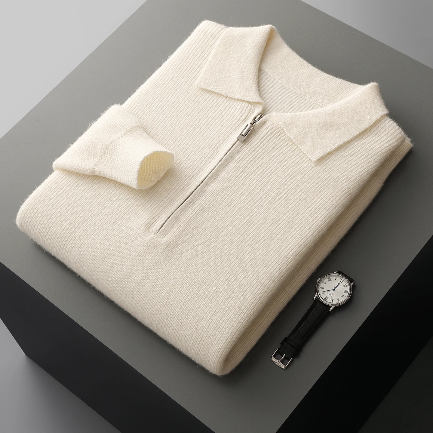 

Зимний мужской вязаный утолщенный пуловер с воротником-поло, свитер из 100% мериносовой шерсти, украшение на полумолнии, высококачественный деловой теплый топ