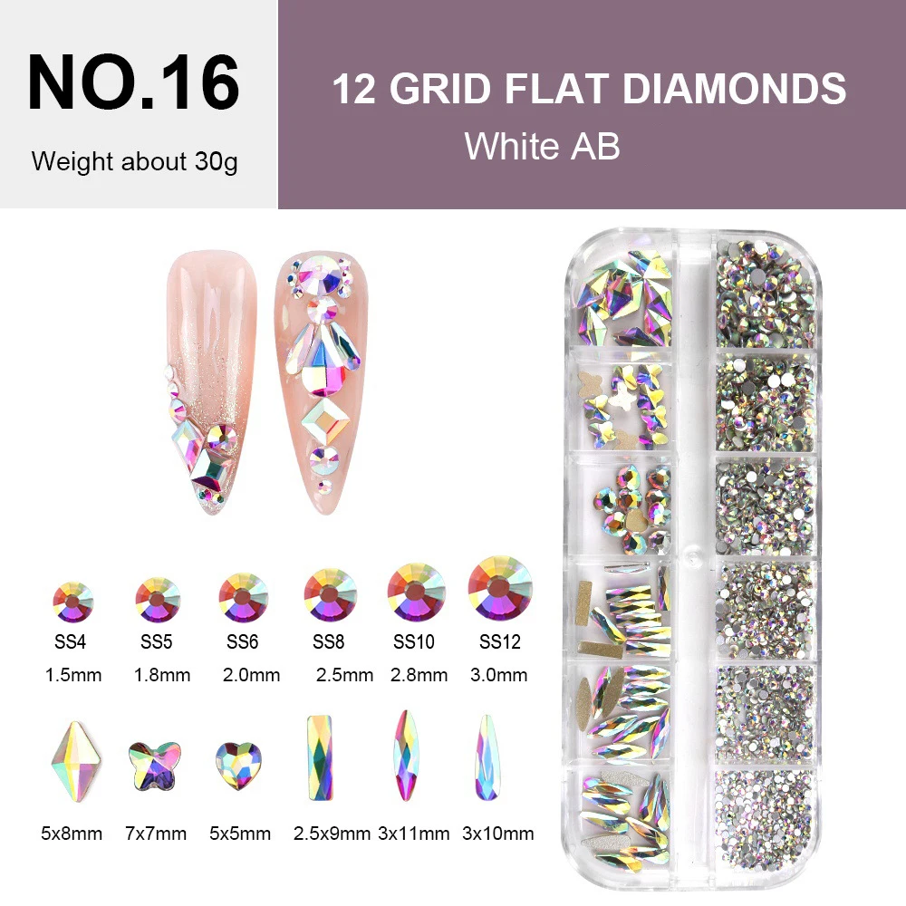 

12 Grids Glitter Clear AB Crystal Rhinestones Mix Shapes Nail Art Accessories Diy Decorations Nail Charms Free Shipping