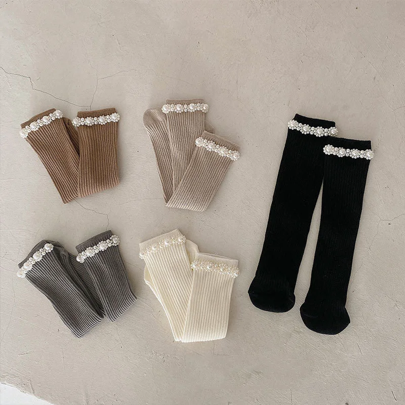 Korean Baby Socks Newborn Kids Infant Girls Boys Knee High Sock Toddler Girl Pearl Cotton Stripe Plain Long Sock For 0-6 Years