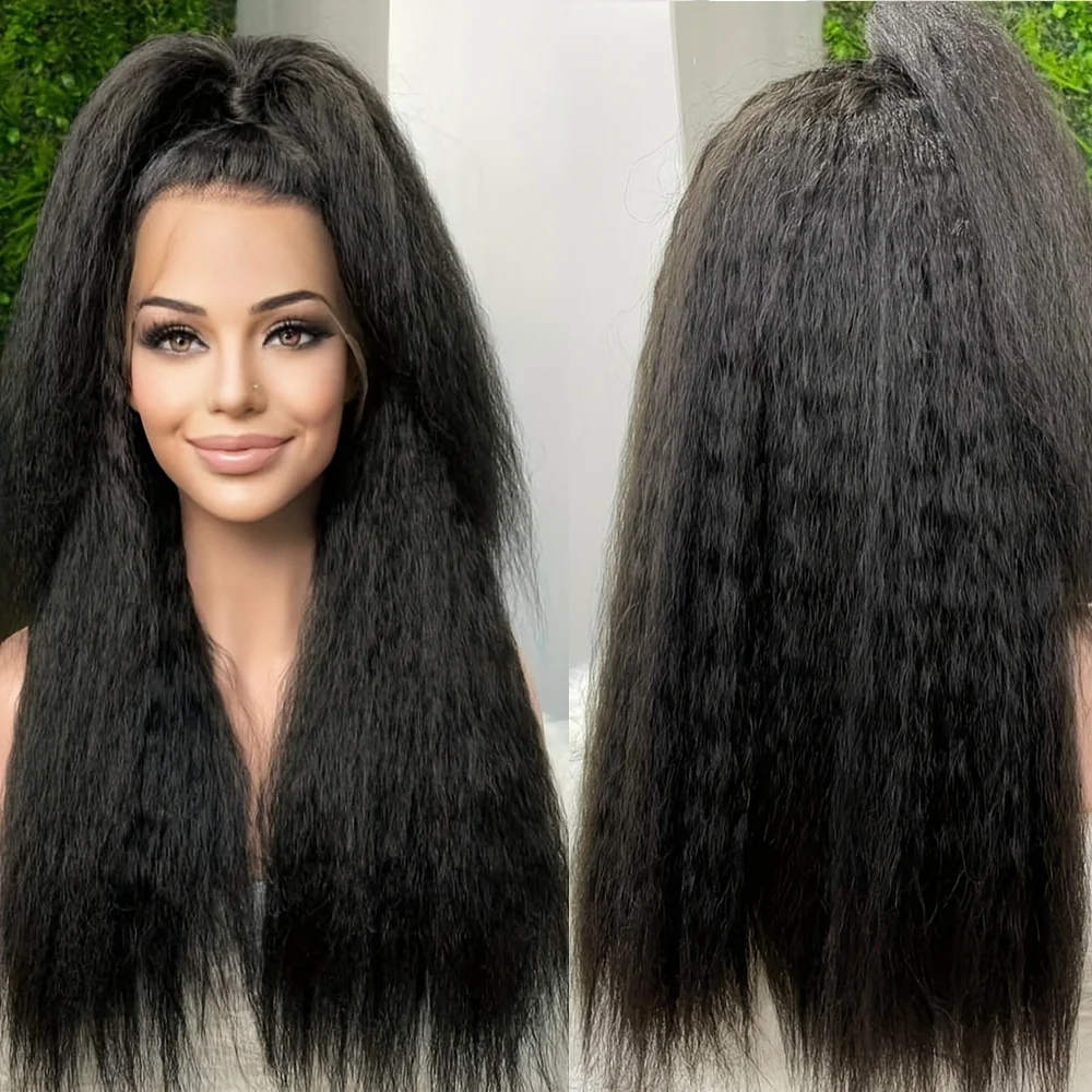 

26Inch Black Preplucked Long 180Density Kinky Straight Soft Deep Lace Front Wigs For Women With Baby Hair Glueless Daily