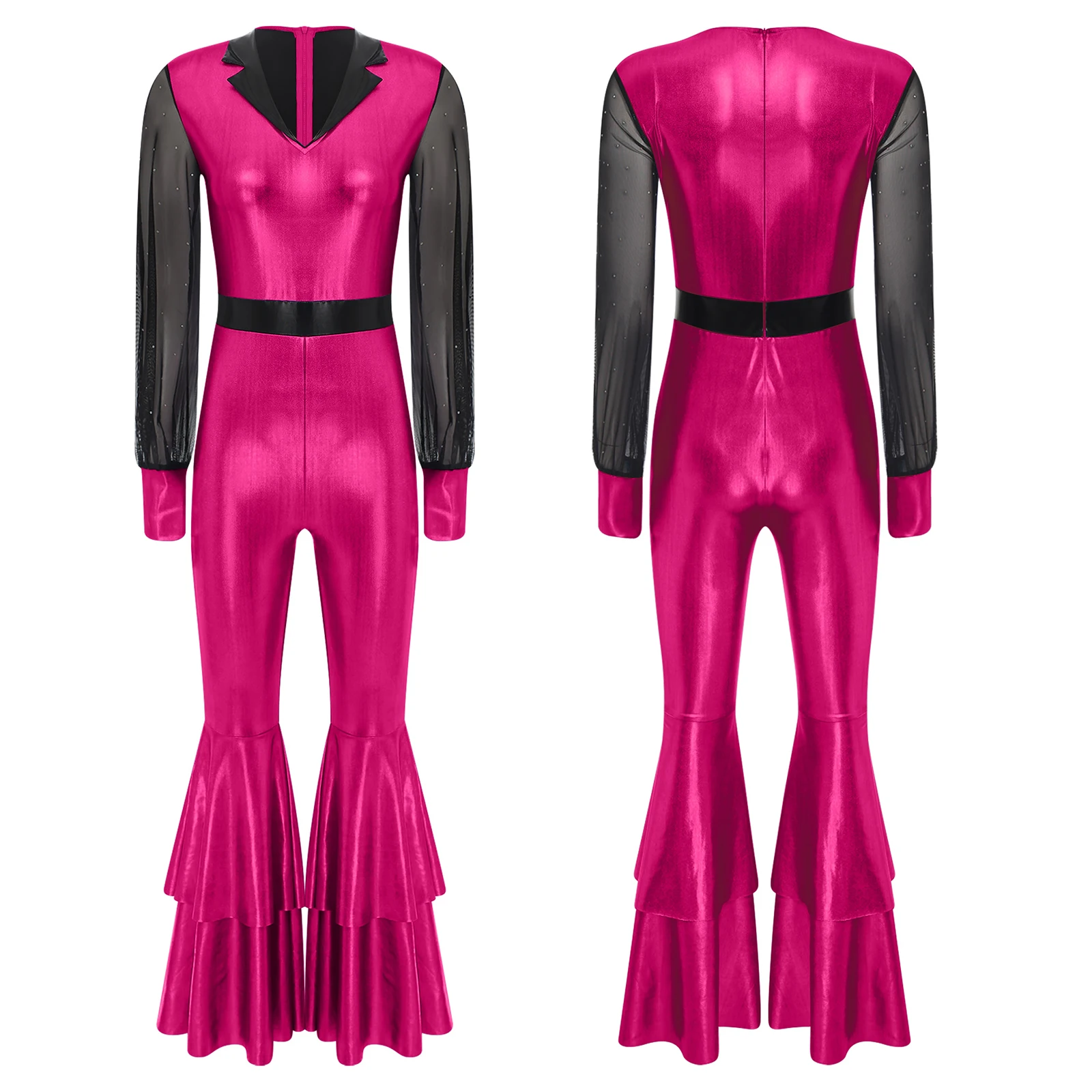 Pagliaccetti da ballo da discoteca da donna anni '70 e '80 Maglia lucida a maniche lunghe a strati con fondo a campana Pantaloni lunghi svasati Tute Tuta metallizzata lucida