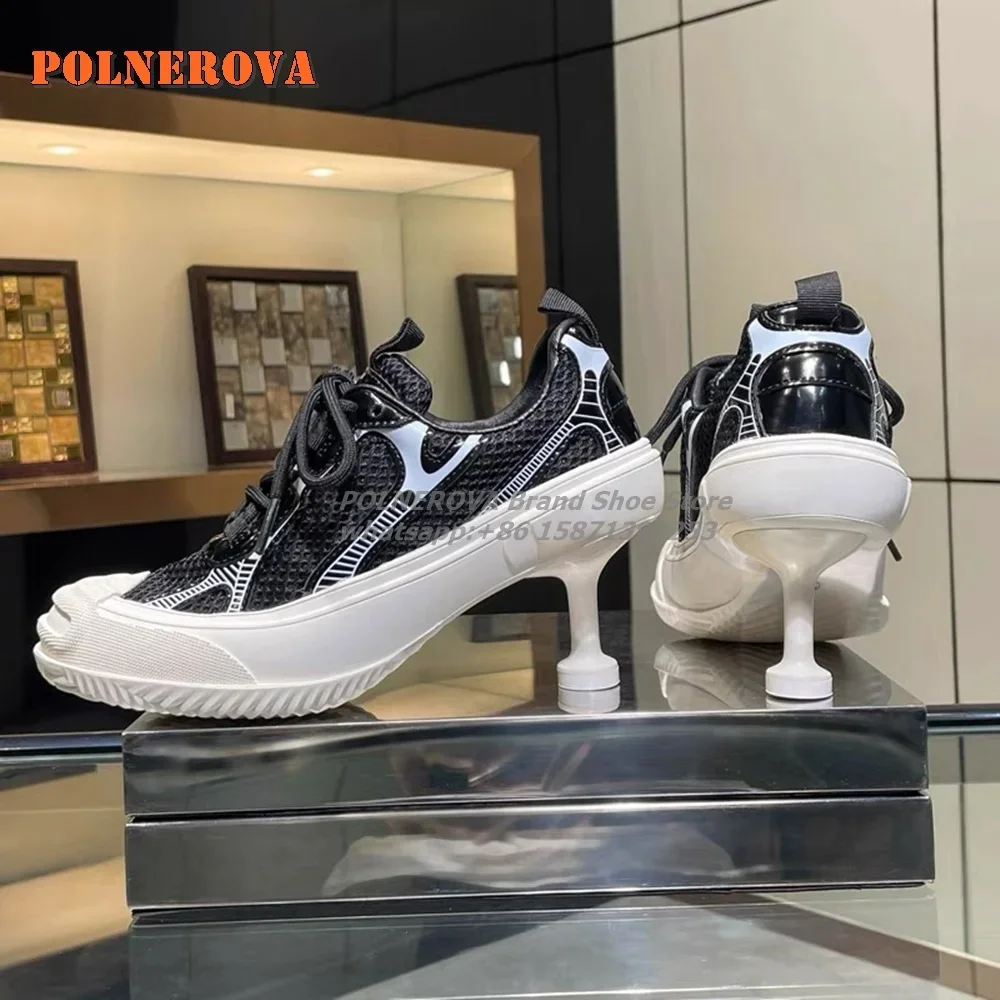 Air Mesh Hollow Cross Tied Patchwork Pumps Lace Up  Round Toe Strange Style Mixed Colors Shoes Rubber Height Increasing Casual image 4