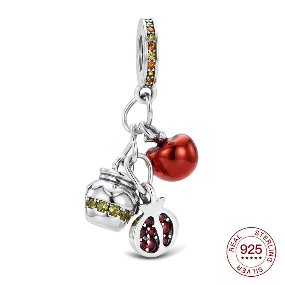 New 925 Sterling Silver Charms Jewish New Year Apple Pomegranate Honey Pendant Fits Original Bracelet DIY Jewelry Gift For Women