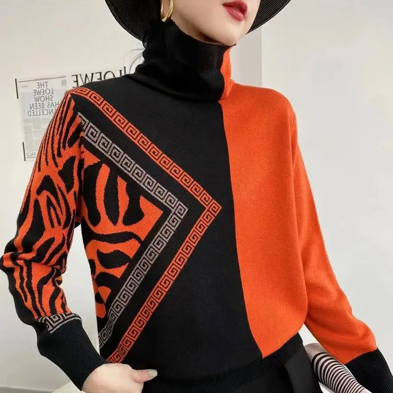 Female Clothing Vintage Geometric Patchwork Sweaters Fashion Houndstooth Autumn Winter Screw Thread Pile Collar Korean Jumpers