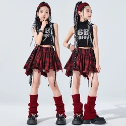 Girls Jazz Dance Clothes Black Vest Red Plaid Skirt Kids Hip Hop Suit Kids Cheerleading Performance Outfits Kpop Stage Costumes