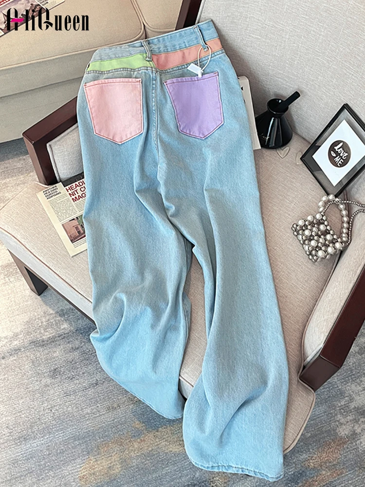 

High Waisted Jeans Women Blue Contrast Color Patchwork Pockets Straight Denim Pants Streetwear Long Loose Mop Wide Leg Trousers