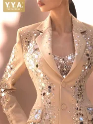 Fashion Runway Women Suits Sets Shiny Sequin Beading Single Breasted Blazers Shorts Office Ladies Design Elegant Two Pece Set