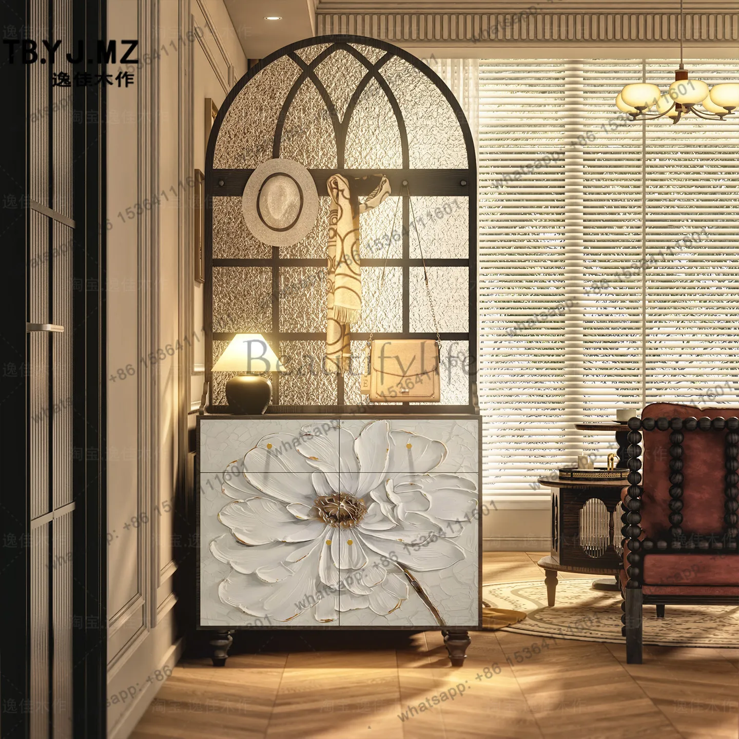 

Cream wind flower screen partition porch cabinet integrated storage cabinet