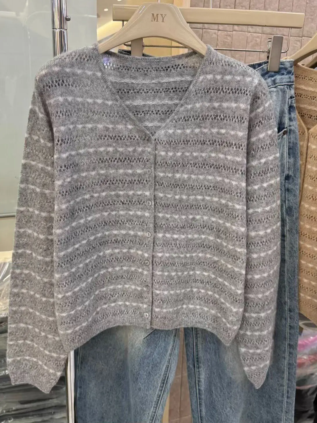 plus Size Autumn V-Neck Long Sleeve Knitted Open Cardigan Women's Sweater Top Design Sensation Small Audience Airy Hollow out