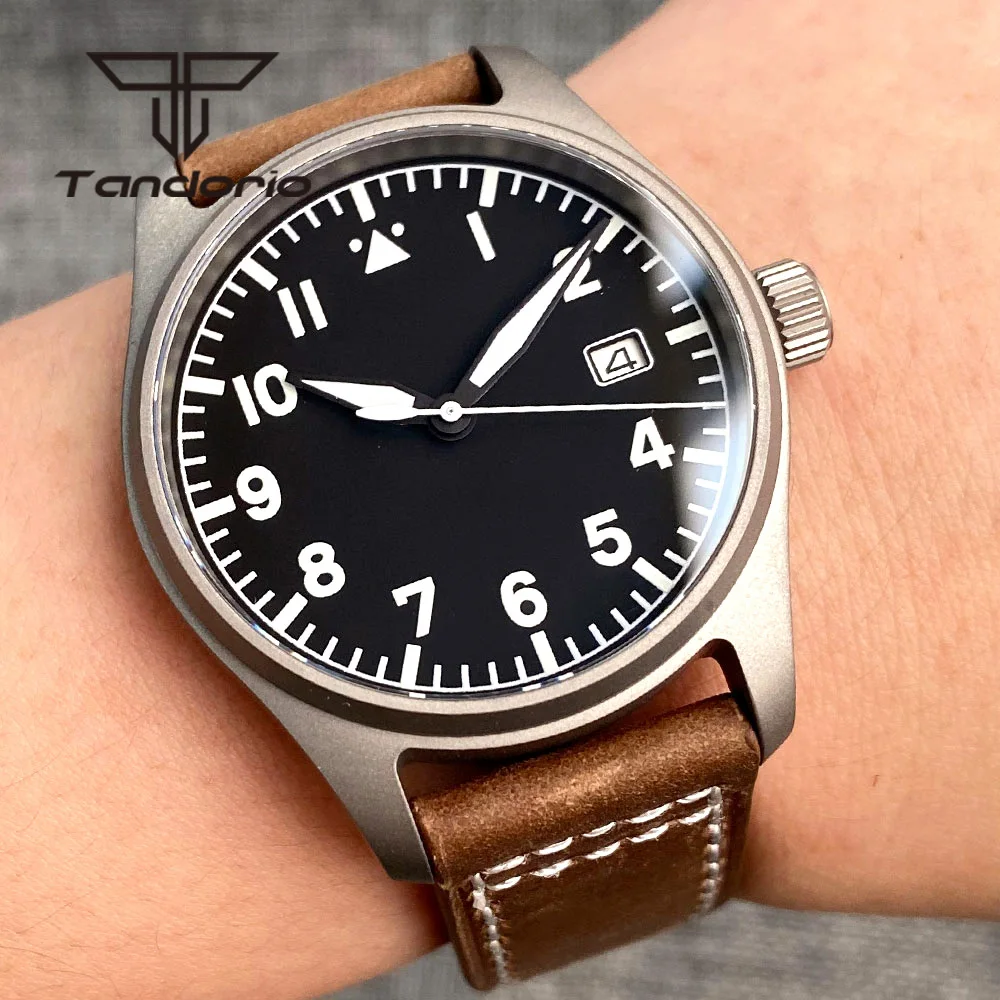 Tandorio Titanium 39mm Pilot NH35A 20bar Dive Men's Automatic Watch Aviator Dial Date Sapphire Glass Screw Crown Green Luminous