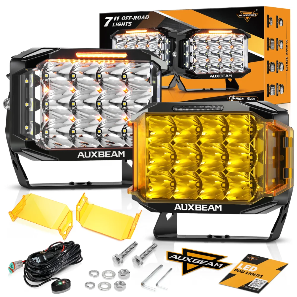 

AUXBEAM V-MAX SERIES 7X5 INCH RECTANGLE LED Driving Work Light with Amber / Black Shell 228W 26100LM SPOT BEAM DRL SIDE SHOOTER