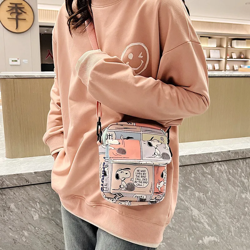 MINISO Disney Cartoon Shoulder Bag Girl Crossbody Phone Bag Cute Snoopy Mini Square Bag Printed Canvas Bag Adjustable Straps