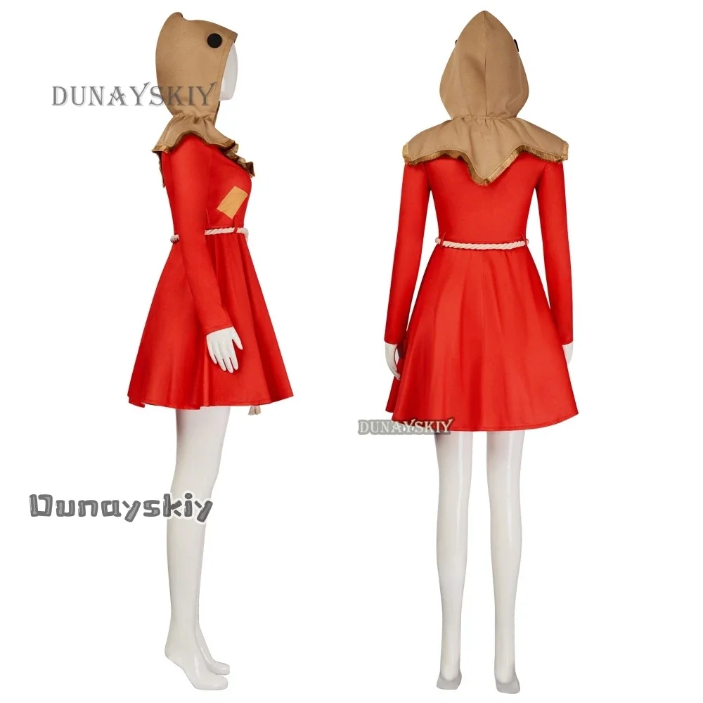 فستان كوسبلاي أحمر مع حزام غطاء للرأس كوسبلاي للهالوين وعيد الميلاد دون تقديم حلوى كرنفال الهالوين