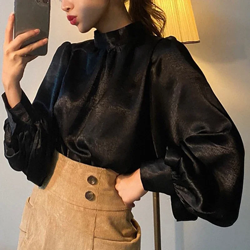 

Long Lantern Sleeve Satin Blouse Office Chic Ladies Shirt White Korean Fashion Clothing Black Spring Blouses Women Top Chemise