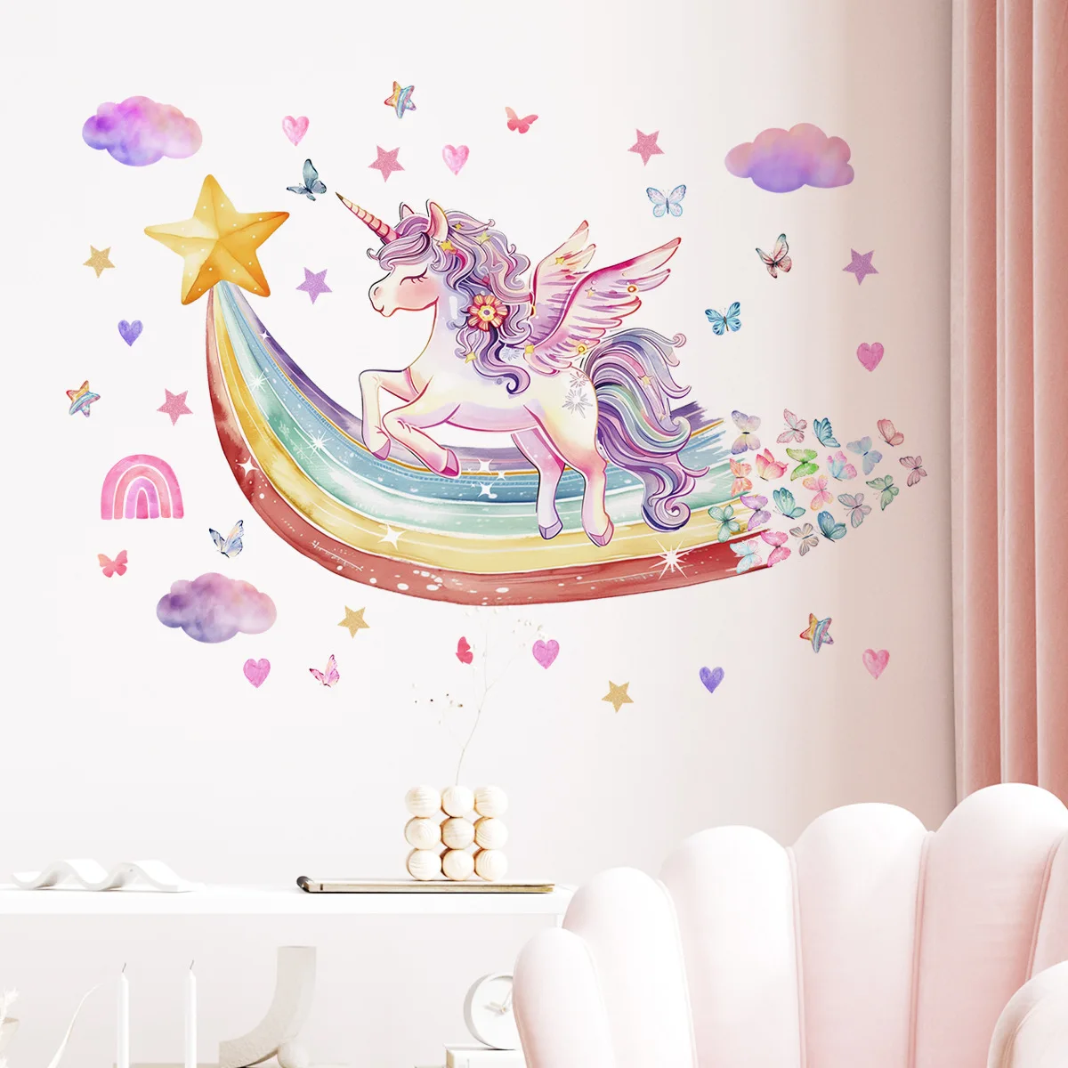 

Rainbow Unicorn Wall Stickers Star Butterfly For Children's Room Kids Bedroom Baby Room Decor Removable Poster Home Decoration