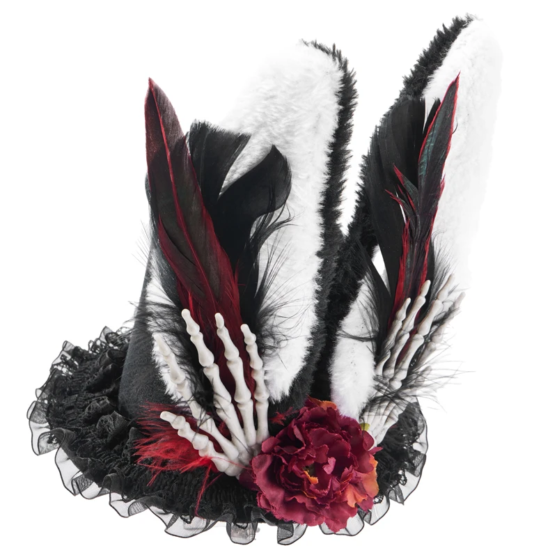 Hamade Lolita Mini Hat Retro Feathers Fascinator Hats Gothic Bunny Ear Hair Clips Anime Cosplay Party Headpiece