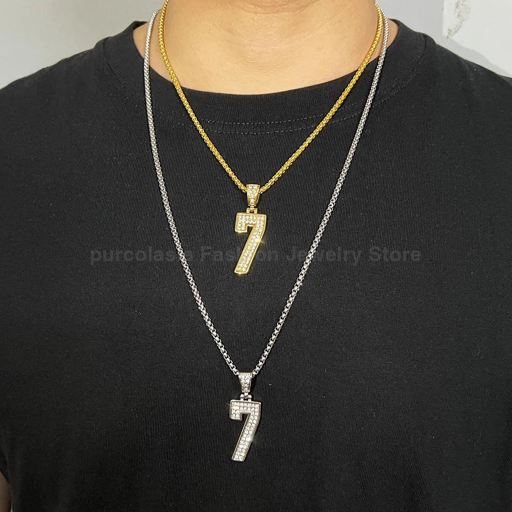 Number 7 Stainless Steel Gold Plated Lucky Pendant Necklaces for Men Clavicle Chain Waterproof No Rusted Jewelry