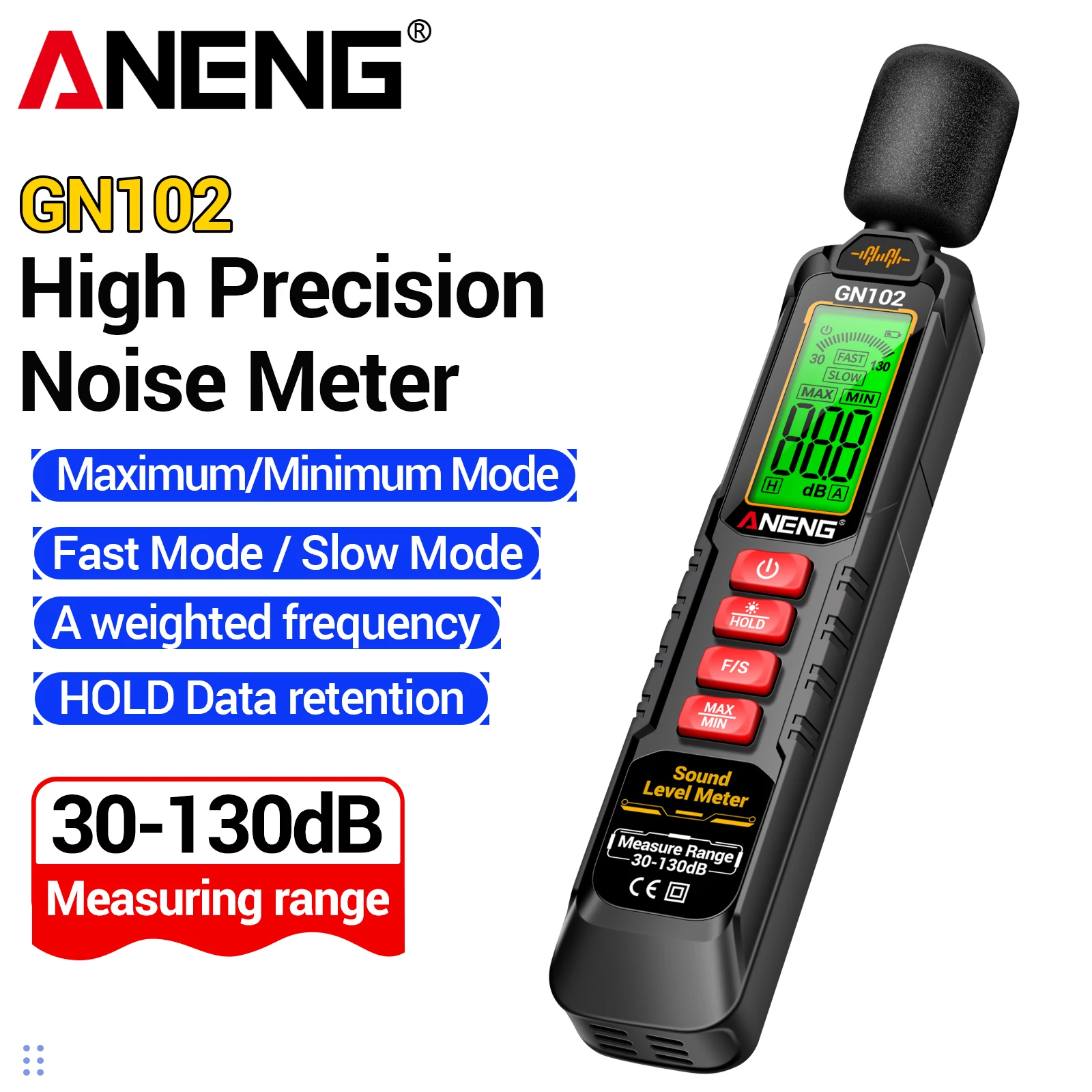 ANENG GN102 Portable Sound Level Detector 30‑130dB A Weighted Decibel Tester Backlit Screen Data Retention Max Min Auto Shutdown
