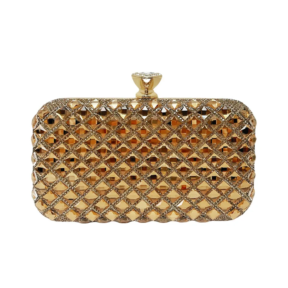 Full Gold Grid Baguette Rhinestone Hollow Rectangle Lock Clutch Luxury Eye-catching Evening Bag For Middle Women Wedding Banquet