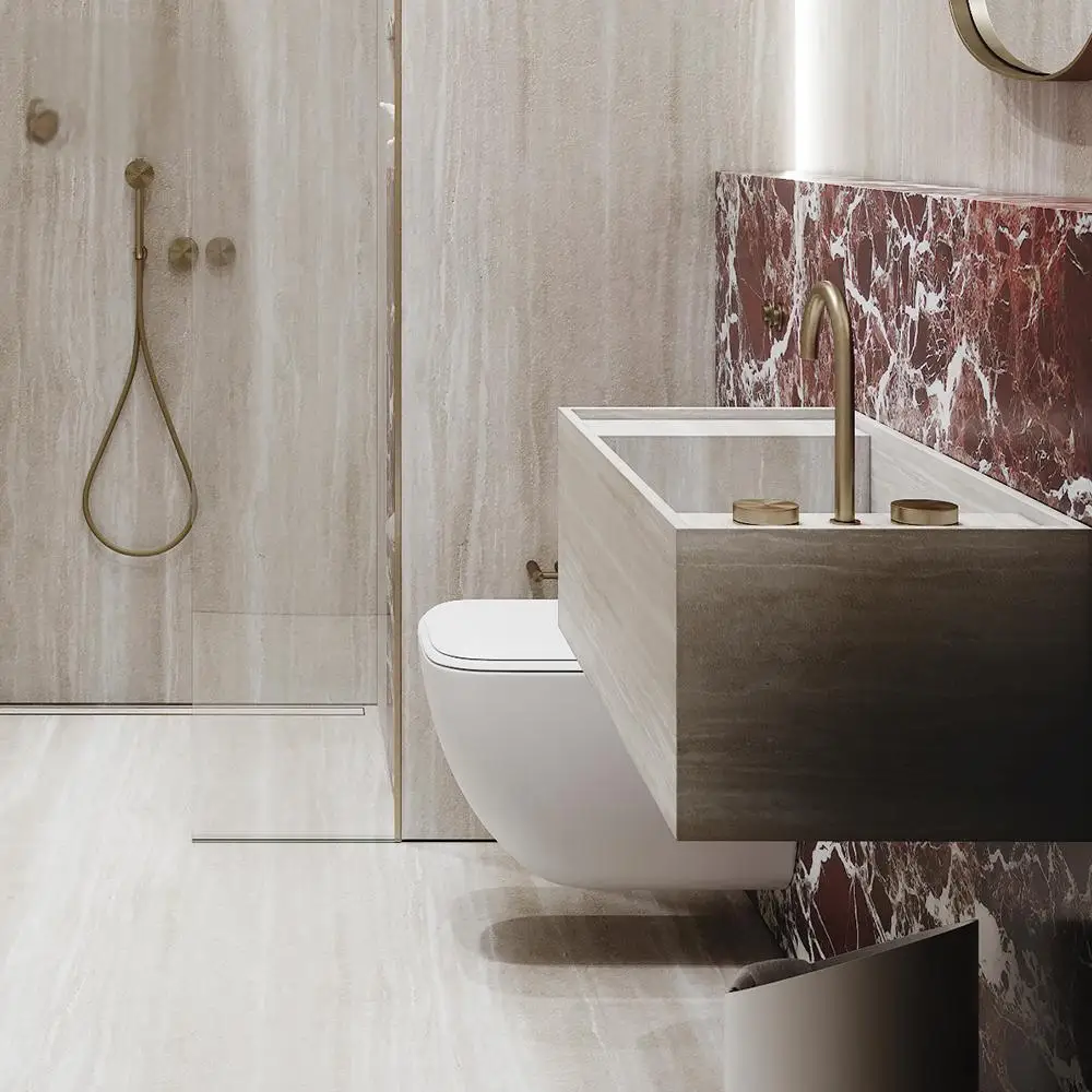 Vaidade de parede de travertino romano com certificação CE: borda ultrafina e bacia integrada profunda com vedação anti-molde - pia flutuante de luxo