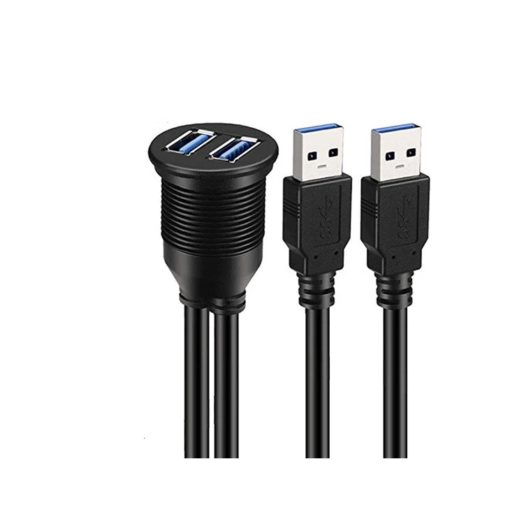 Dashboard USB extension 1m cable with dustproof cover,Dual-port USB3.0 panel embedded extension cable,Car boat waterproof cord