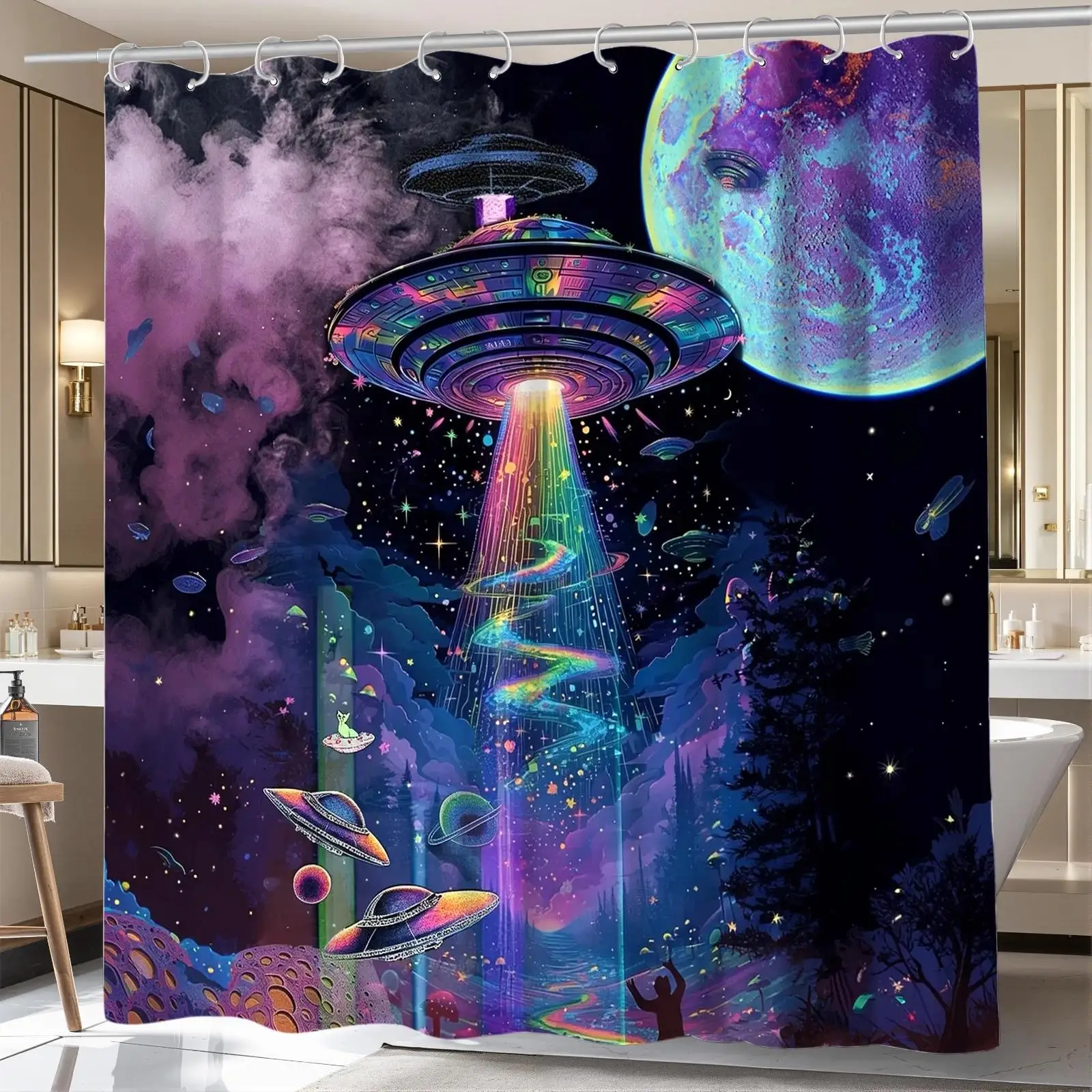 Vibrant Sci Fi Galaxy UFO Beam Shower Curtain Cosmic Space Alien Landscape Bathroom Decor